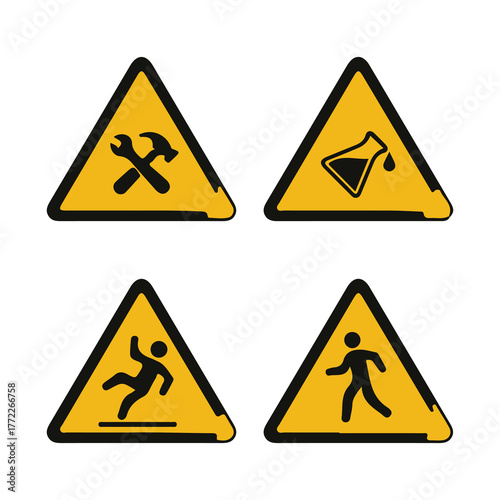 Road Warning Signs Set – Triangle Traffic Symbols and Caution Vector Illustration
