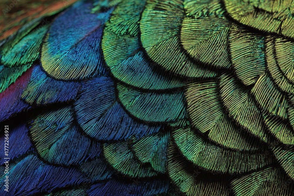 Obraz premium Iridescent Feather Texture in Shades of Green Blue and Gold with Intricate Patterns a Close Up Shot