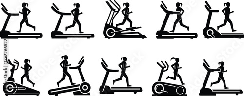 Treadmill workout icon set, black silhouette vector illustration, fitness exercise equipment graphic, running and walking pose design, gym training collection