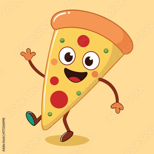 A cheerful and energetic cartoon slice of pizza with a happy face and outstretched arms and legs dancing and celebrating with joy and enthusiasm