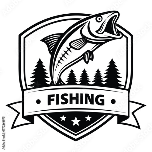 Dynamic illustration of a leaping bass fish emblem with pine trees and the word fishing prominently displayed on a banner perfect for outdoor adventure and sport graphics