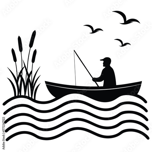 Silhouette of a lone fisherman casting a line from a small boat on wavy water near cattails with birds flying overhead in a simple graphic illustration
