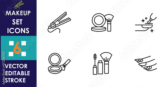 A set of six minimalist vector makeup icons showing hair straightener, powder with brush, hand washing, compact mirror, mascara, and manicured nails in clean editable line style.