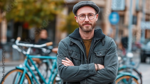 An adult man is standing outside on a street with a bicycle.