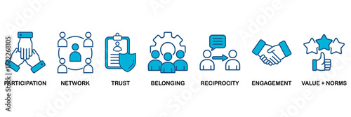Social capital icon set Blue Monochrome Flat Design concept for for the interpersonal relationship with an icon of participation, network, trust, belonging, reciprocity, engagement, and values norm