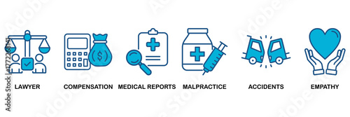 Personal injury law icon set Blue Monochrome Flat Design concept for lawyer, compensation, medical reports, malpractice, accidents and empathy