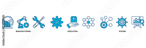 MES icon set Blue Monochrome Flat Design concept for of manufacturing execution system with icon of factory, service, automation, operation, production, distribution, management, structure, and analys