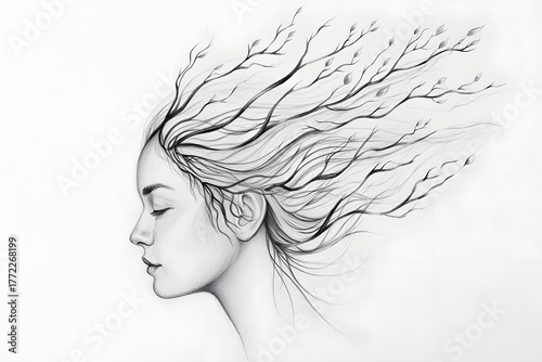 Woman with tree branch hair pencil drawing artistic nature inspired portrait sketch 90