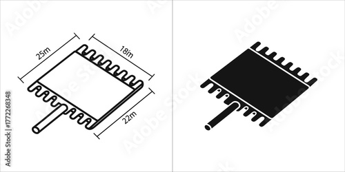 Schematic diagram of a carpet with dimensions and a solid black silhouette