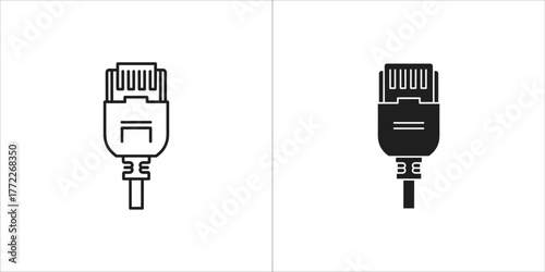 Closeup of an ethernet network cable connector, line art and silhouette