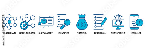 DeFi icon set Blue Monochrome Flat Design concept for blockchain, decentralized, digital asset, identified, financial, permission, transparent and e-wallet