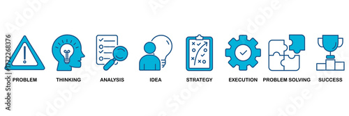Solution icon set Blue Monochrome Flat Design concept for with icons of problem, thinking, analysis, idea, strategy, execution, problem-solving, success