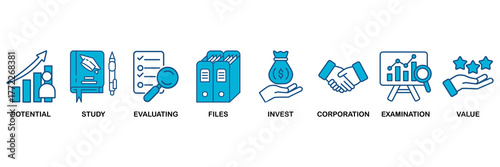 Due diligence icon set Blue Monochrome Flat Design concept for potential, study, evaluating, files, invest, corporation, examination and value