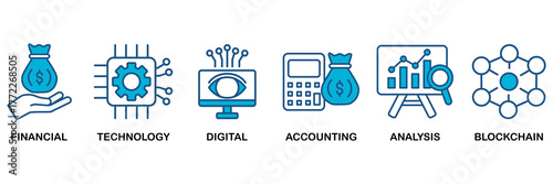 Fintech icon set Blue Monochrome Flat Design concept for financial, technology, digital, accounting, analysis and blockchain