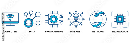Information technology icon set Blue Monochrome Flat Design concept for computer, data, programming, database, internet, network, and technology