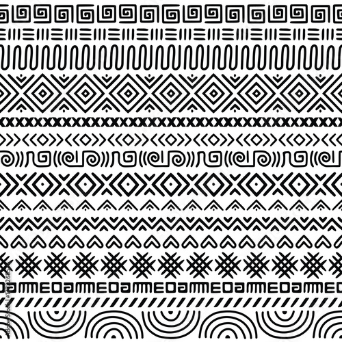 Seamless pattern, ethnic hand drawn background, set of seamless borders, vector design