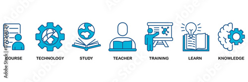 Online education icon set Blue Monochrome Flat Design concept for course, technology, study, teacher, training, learn and knowledge