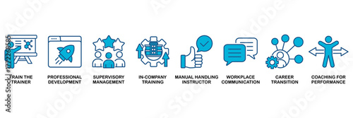 Training and development icon set Blue Monochrome Flat Design concept for trainer, professional development, supervisory, trainee, instructor, coaching, career transition, and communication�
