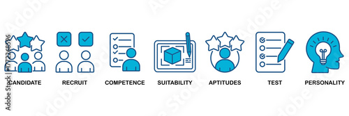 Assessment center icon set Blue Monochrome Flat Design concept for for personal audit of human resources with icon of user candidate, recruit, competence, suitability, aptitudes, test and personality