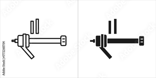 Two icons of a mechanical device, one line art and one solid silhouette