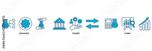 ETF icon set Blue Monochrome Flat Design concept for Exchange Traded Funds Stock Market Investment with icon of money, cash flow, trading, transaction, bank, accounting, and growth