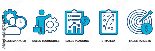 Sales management icon set Blue Monochrome Flat Design concept for manager, sales techniques, planning, strategy, and targets