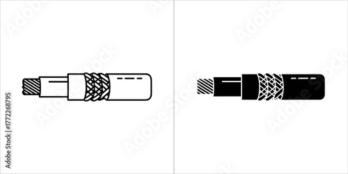 Closeup of a coaxial cable end with braided shielding