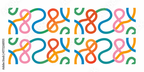 Playful abstract pattern with colorful interlocking shapes and curves on a white background