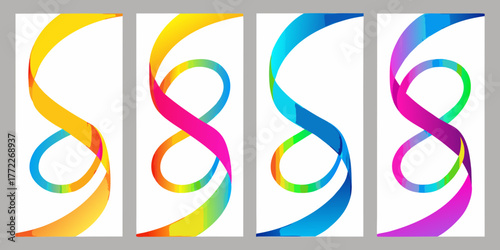 Four vertical abstract banners with flowing colorful ribbons creating infinity symbols