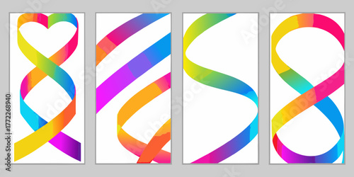 Four vertical abstract banners with flowing rainbow ribbons and watercolor texture