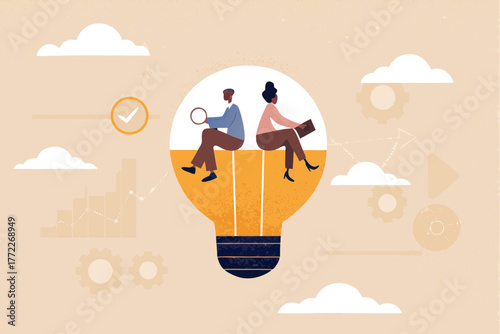 Two business people sitting inside a light bulb contemplating ideas and strategy with surrounding business graphics