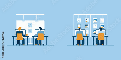 Diverse office workers collaborate and review creative content on computers in a modern workspace