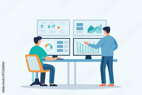 Two men analyzing financial data charts and graphs on multiple computer screens in an office setting