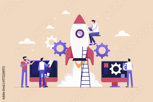 Team working on a rocket launch preparing for a new project startup and business growth