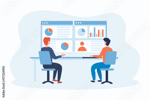 Two people collaborating and analyzing data charts and graphs on a digital dashboard