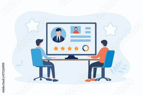 Two people reviewing a candidate profile on a computer screen with star ratings and a pie chart
