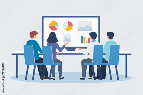 Diverse team of professionals collaborating in a modern office meeting room analyzing charts on a large screen