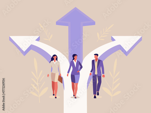Business professionals walking on diverging paths representing career choices and future direction