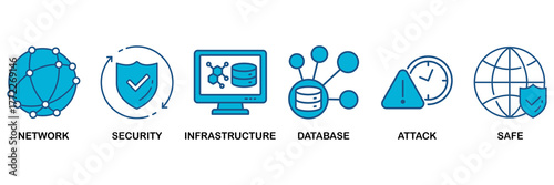 Network security icon set Blue Monochrome Flat Design concept for network ,security, infrastructure, database, attack and safe