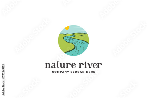 river creek winding road logo design illustration