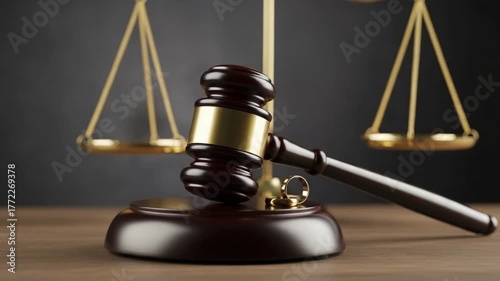 Gavel and scales of justice with wedding rings on a wooden surface against a dark background