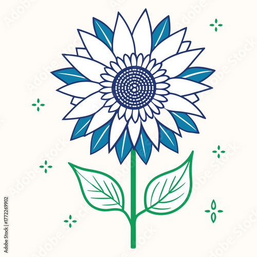 Blooming sunflower, color, light color background, cloud curves vector art illustration