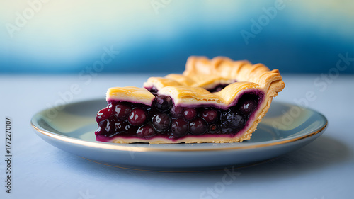 A slice of blueberry pie with a flaky crust served on a plate