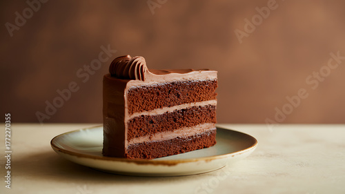 A slice of layered chocolate cake with frosting on a plate