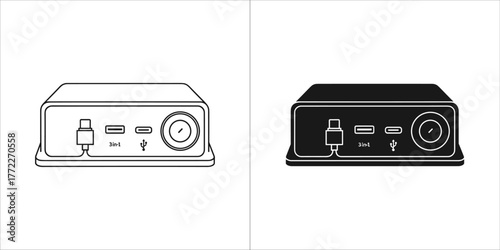 Audio interface with ports and knob, line art and solid icon
