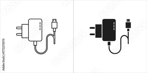 Black and white outline and silhouette icons of a usb charger