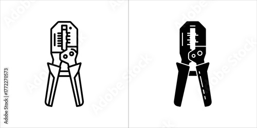Black and white outline and silhouette icons of a crimping tool