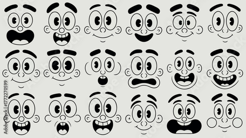 Monochrome collection of vintage cartoon mascot faces with diverse emotional expressions.