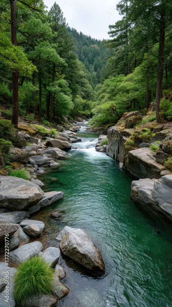 Fototapeta premium Lush Green Forest River Rapids Flowing Over Rocky Terrain With Emerald Water And Dappled Sunlight