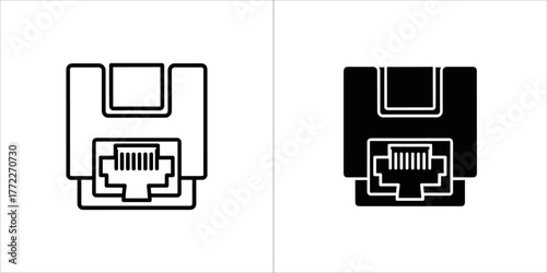 Two icons of a network port, one outlined and one solid black